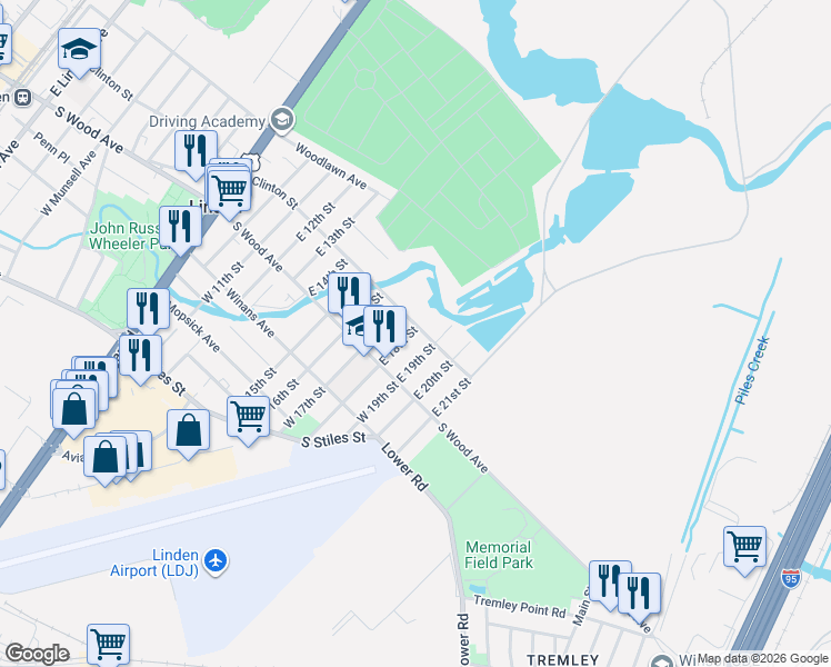 map of restaurants, bars, coffee shops, grocery stores, and more near 1802 Clinton Street in Linden
