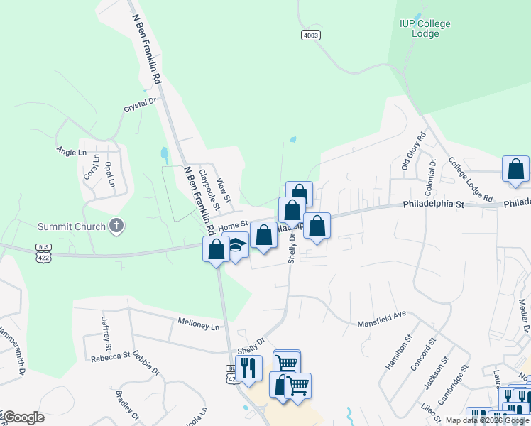 map of restaurants, bars, coffee shops, grocery stores, and more near 2412 Home Street in Indiana