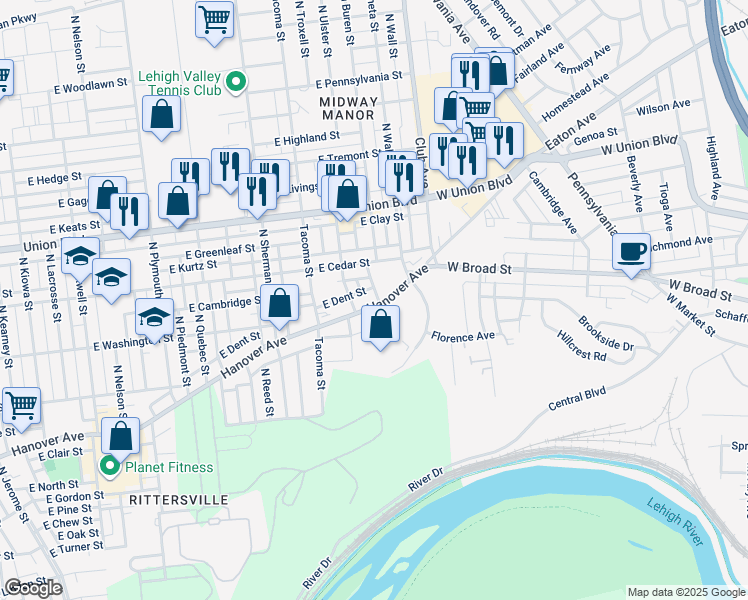 map of restaurants, bars, coffee shops, grocery stores, and more near 2123 Hanover Avenue in Allentown