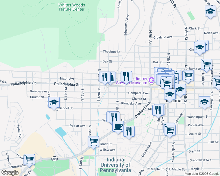 map of restaurants, bars, coffee shops, grocery stores, and more near 1138 Philadelphia Street in Indiana