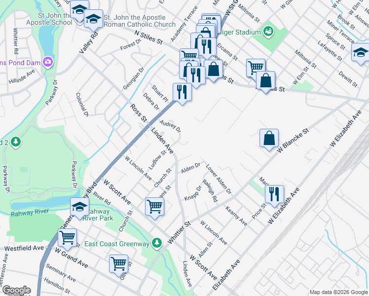 map of restaurants, bars, coffee shops, grocery stores, and more near 662 Cora Place in Rahway
