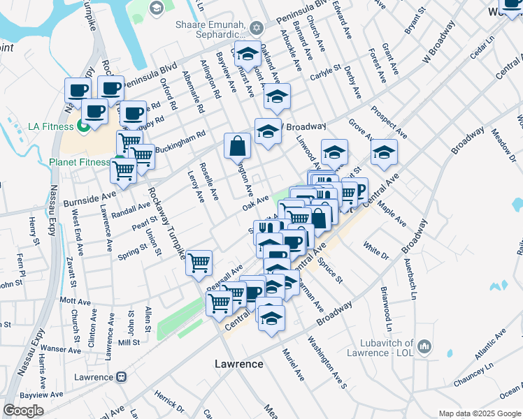map of restaurants, bars, coffee shops, grocery stores, and more near 441 Oak Avenue in Cedarhurst