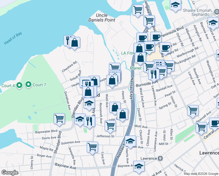 map of restaurants, bars, coffee shops, grocery stores, and more near 553 Burnside Avenue in Inwood