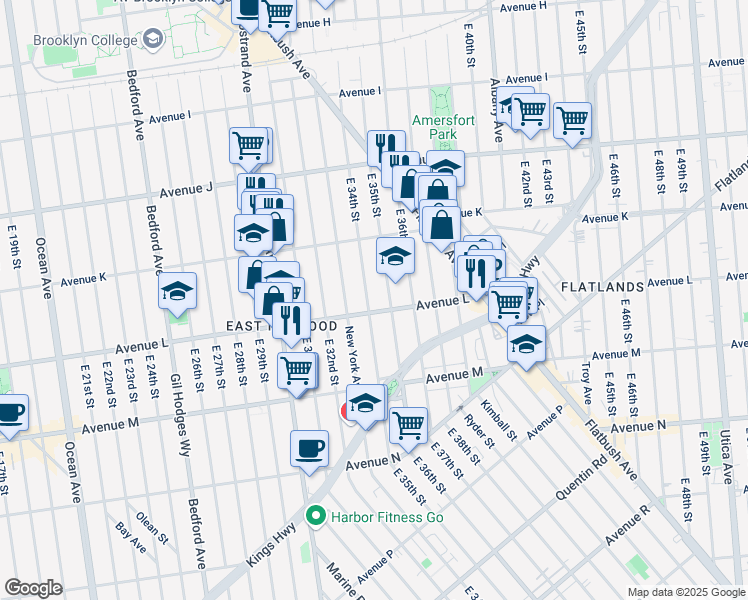 map of restaurants, bars, coffee shops, grocery stores, and more near 1338 East 34th Street in Brooklyn