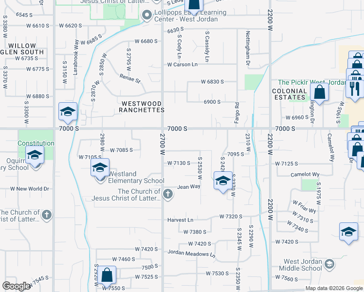 map of restaurants, bars, coffee shops, grocery stores, and more near 2578 Beverly Glen Avenue in West Jordan