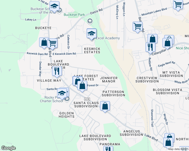map of restaurants, bars, coffee shops, grocery stores, and more near 3687 Magnums Way in Redding