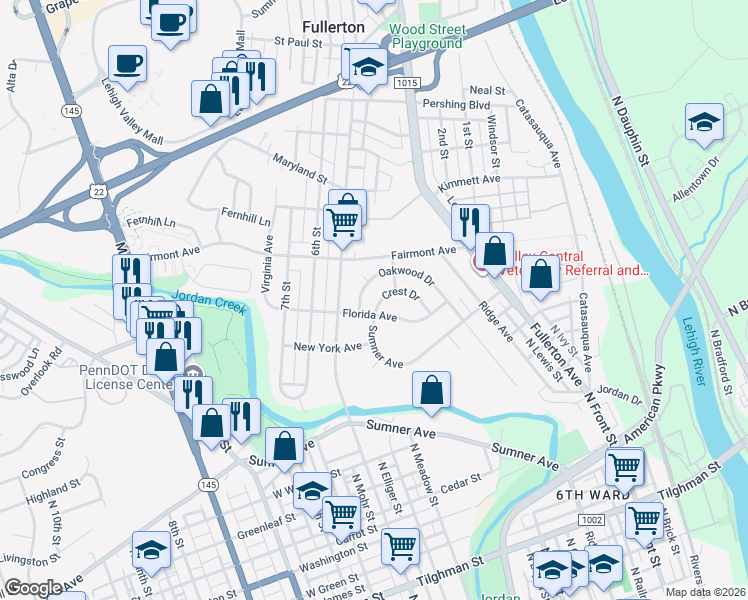 map of restaurants, bars, coffee shops, grocery stores, and more near 368 Crest Drive in Fullerton