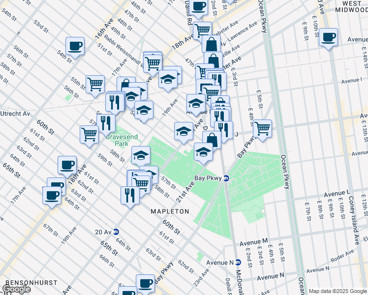 map of restaurants, bars, coffee shops, grocery stores, and more near 5301 20th Avenue in Brooklyn