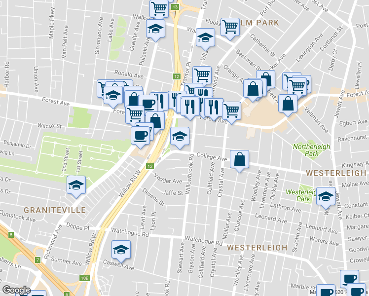 map of restaurants, bars, coffee shops, grocery stores, and more near 20 Houston Street in Staten Island