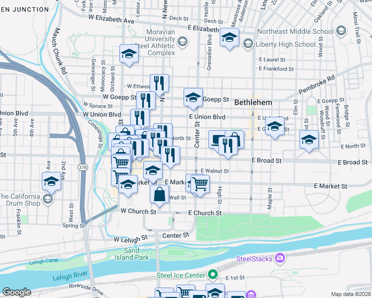 map of restaurants, bars, coffee shops, grocery stores, and more near 47 East Raspberry Street in Bethlehem