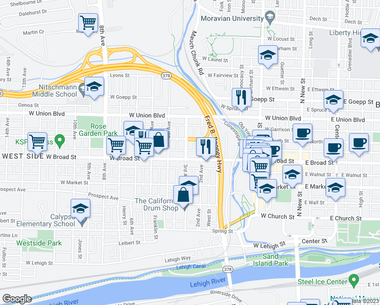 map of restaurants, bars, coffee shops, grocery stores, and more near 323 West Raspberry Street in Bethlehem