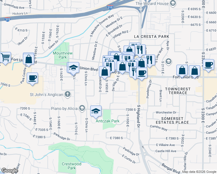 map of restaurants, bars, coffee shops, grocery stores, and more near 7058 De Ville Drive East in Cottonwood Heights