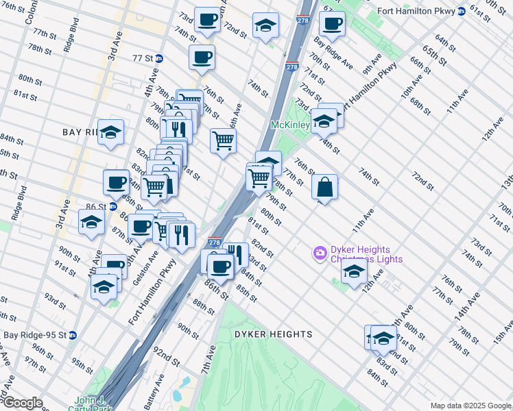 map of restaurants, bars, coffee shops, grocery stores, and more near 900 80th Street in Brooklyn