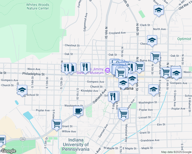 map of restaurants, bars, coffee shops, grocery stores, and more near 978 Philadelphia Street in Indiana