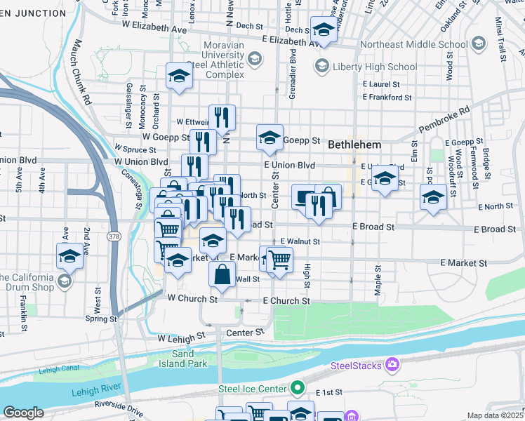 map of restaurants, bars, coffee shops, grocery stores, and more near 618 School Street in Bethlehem