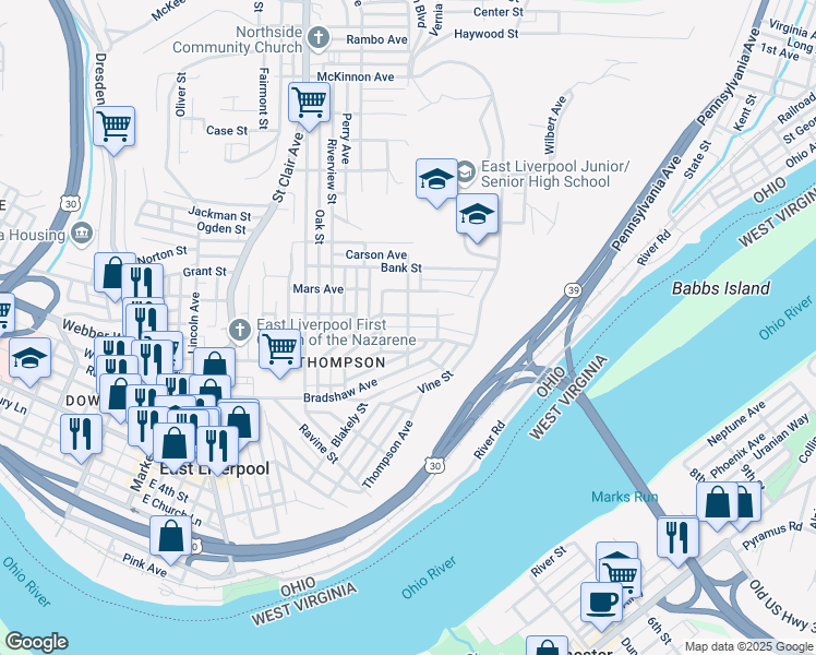 map of restaurants, bars, coffee shops, grocery stores, and more near 736 Laura Ave in East Liverpool