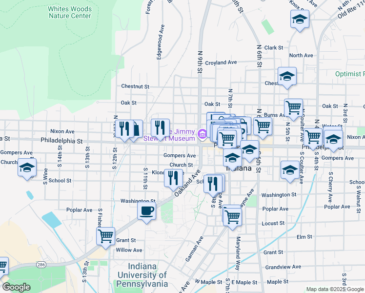 map of restaurants, bars, coffee shops, grocery stores, and more near 956 Philadelphia Street in Indiana