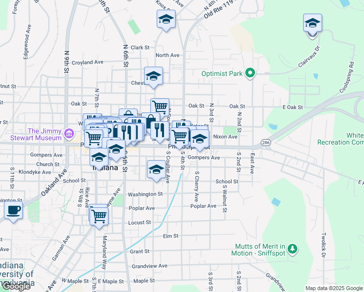 map of restaurants, bars, coffee shops, grocery stores, and more near 401 Philadelphia Street in Indiana