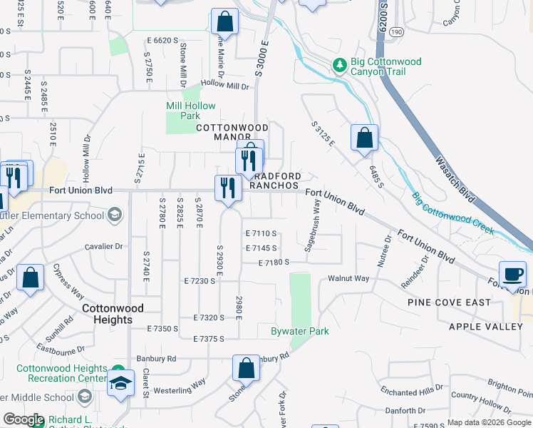 map of restaurants, bars, coffee shops, grocery stores, and more near 7060 South 3050 East in Salt Lake City