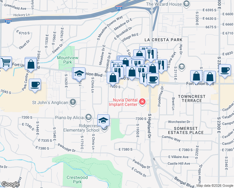 map of restaurants, bars, coffee shops, grocery stores, and more near 7058 De Ville Drive East in Cottonwood Heights