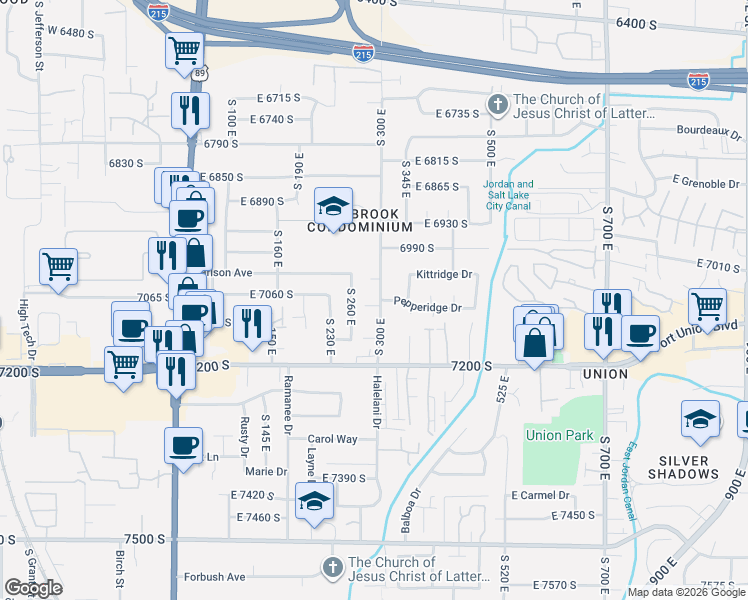 map of restaurants, bars, coffee shops, grocery stores, and more near 7070 300 East in Midvale