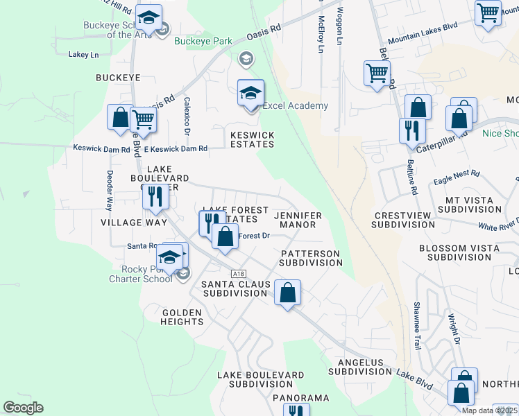 map of restaurants, bars, coffee shops, grocery stores, and more near 3687 Magnums Way in Redding