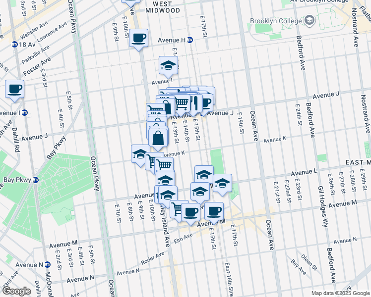 map of restaurants, bars, coffee shops, grocery stores, and more near 1086 East 14th Street in Brooklyn