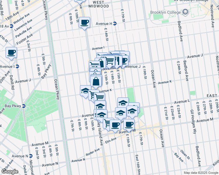 map of restaurants, bars, coffee shops, grocery stores, and more near 1086 East 14th Street in Brooklyn