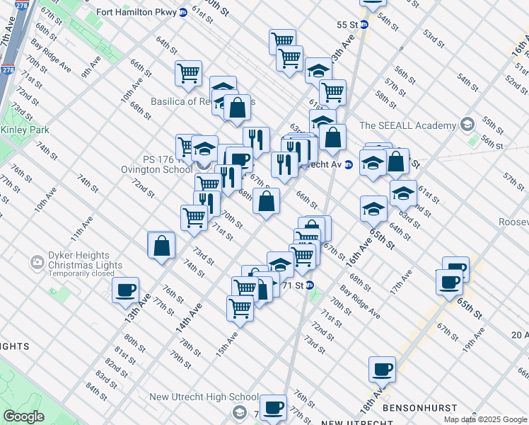 map of restaurants, bars, coffee shops, grocery stores, and more near 6725a 14th Avenue in Brooklyn