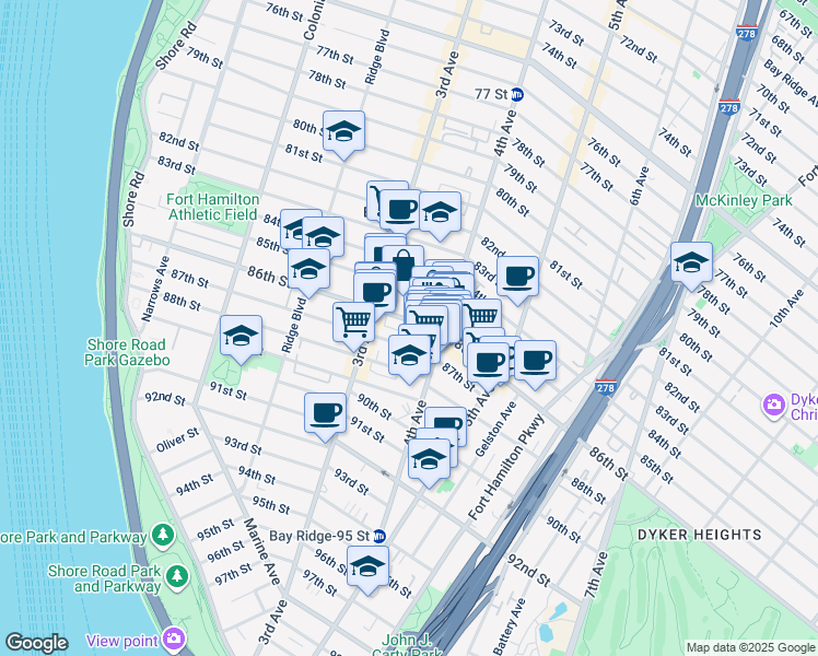 map of restaurants, bars, coffee shops, grocery stores, and more near 151 86th Street in Brooklyn