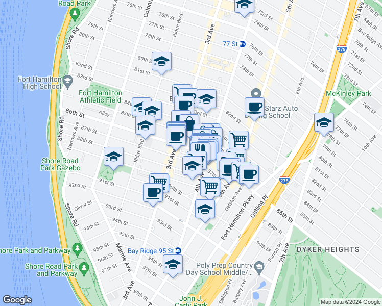 map of restaurants, bars, coffee shops, grocery stores, and more near 151 86th Street in Brooklyn