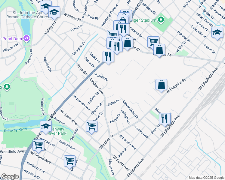 map of restaurants, bars, coffee shops, grocery stores, and more near 619 Cora Place in Rahway