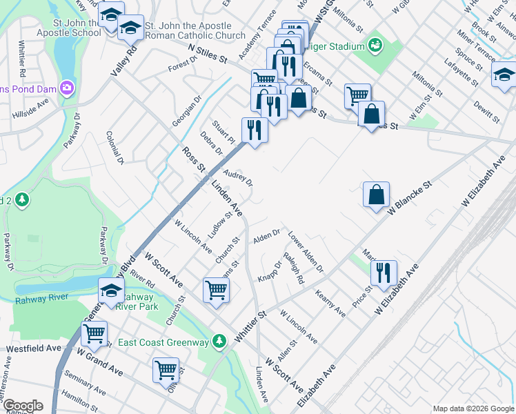 map of restaurants, bars, coffee shops, grocery stores, and more near 662 Cora Place in Rahway