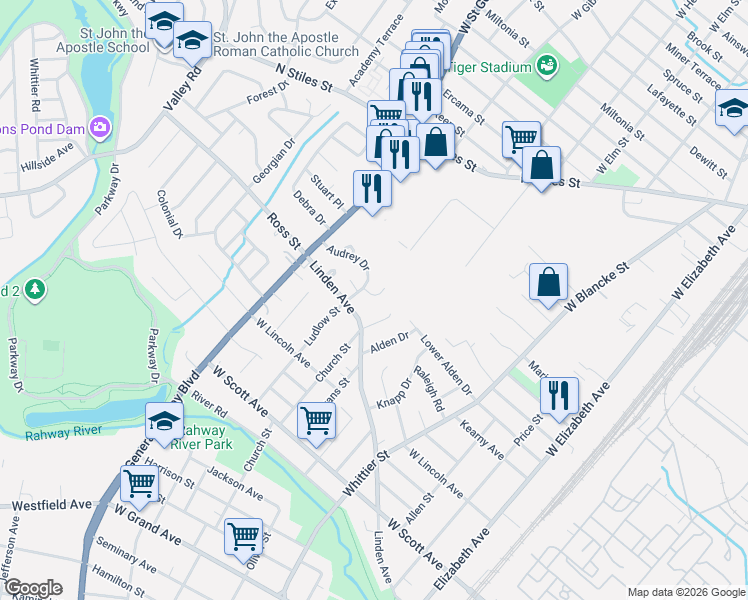 map of restaurants, bars, coffee shops, grocery stores, and more near 662 Cora Place in Rahway