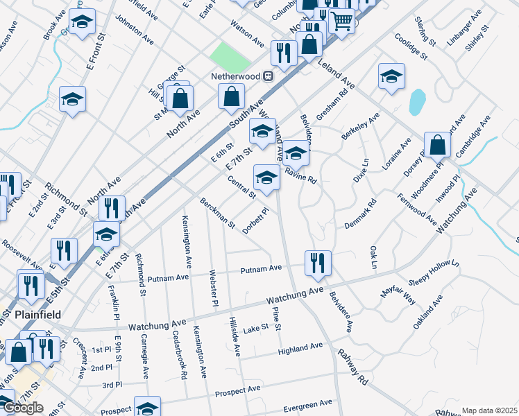 map of restaurants, bars, coffee shops, grocery stores, and more near 730 Russell Place in Plainfield