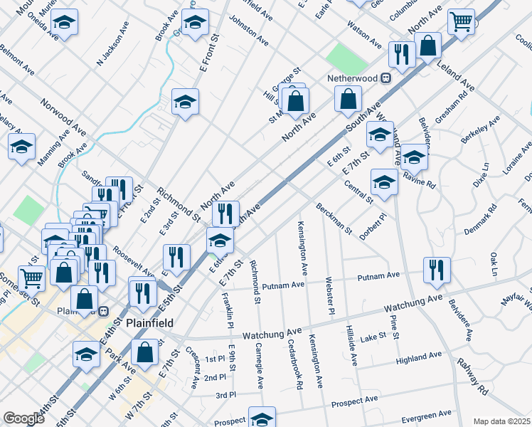 map of restaurants, bars, coffee shops, grocery stores, and more near 619 East 6th Street in Plainfield