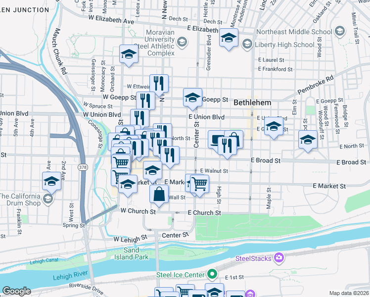 map of restaurants, bars, coffee shops, grocery stores, and more near 47 East Raspberry Street in Bethlehem