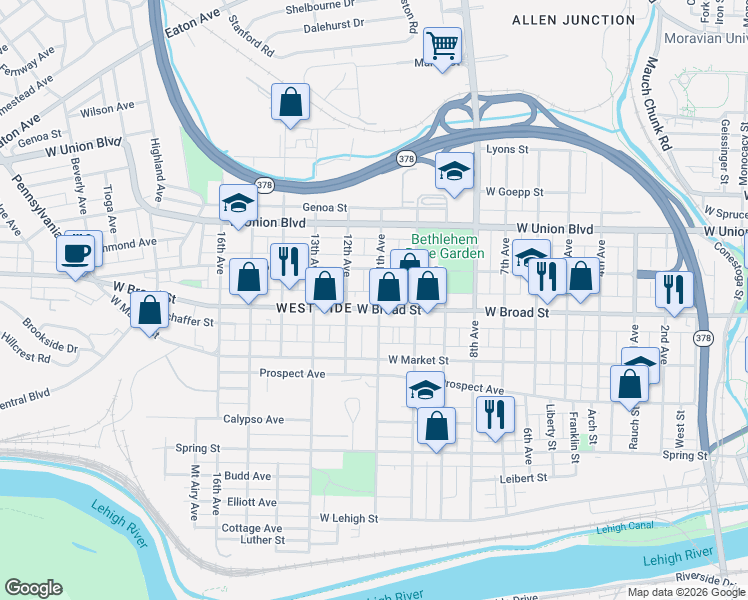 map of restaurants, bars, coffee shops, grocery stores, and more near 1134 West Broad Street in Bethlehem