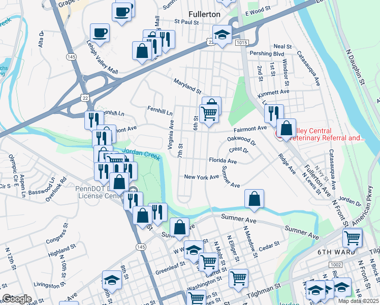 map of restaurants, bars, coffee shops, grocery stores, and more near 215 6th Street in Fullerton