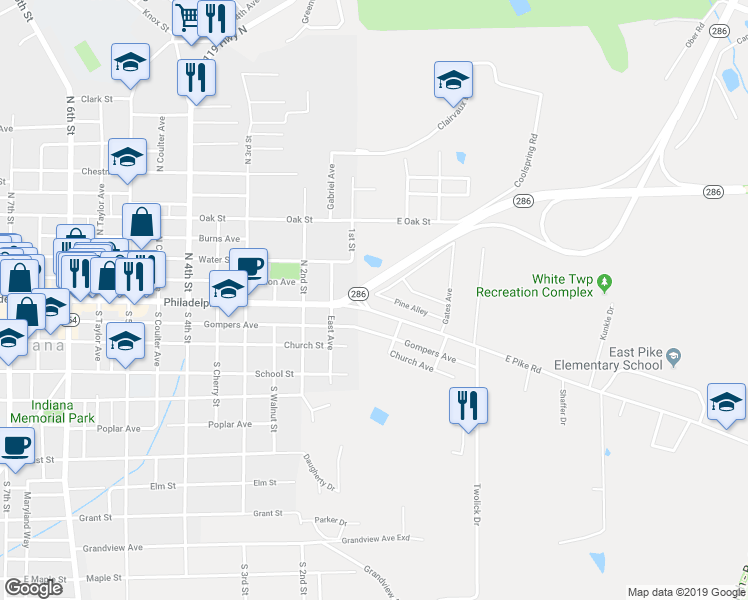 map of restaurants, bars, coffee shops, grocery stores, and more near 21 Clymer Road in Indiana