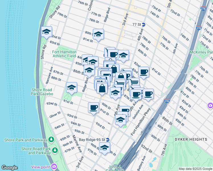 map of restaurants, bars, coffee shops, grocery stores, and more near 8613 3rd Avenue in Brooklyn