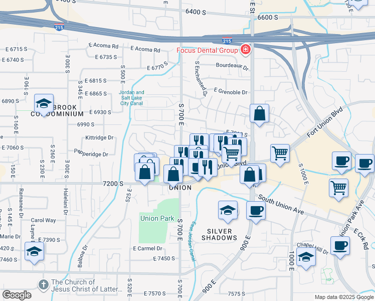 map of restaurants, bars, coffee shops, grocery stores, and more near 720 East Gables Street in Midvale