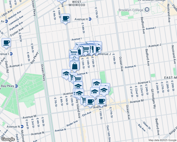 map of restaurants, bars, coffee shops, grocery stores, and more near 1086 East 14th Street in Brooklyn