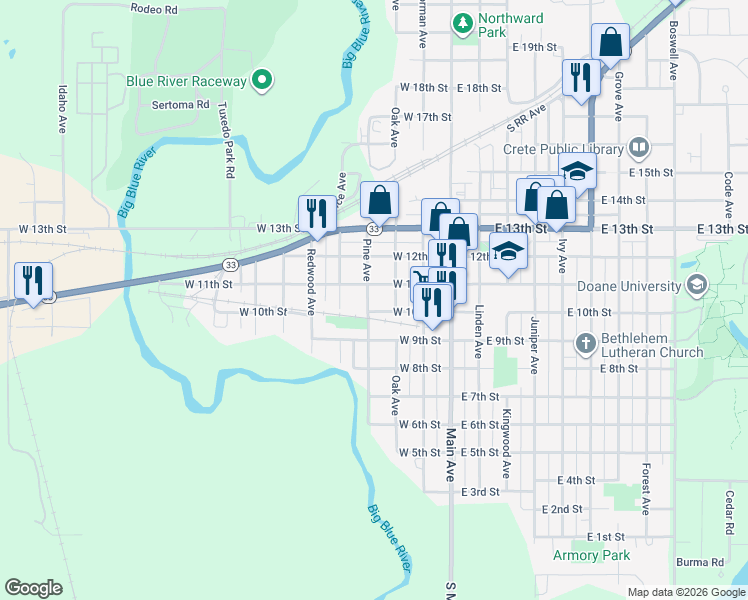 map of restaurants, bars, coffee shops, grocery stores, and more near 1022 Pine Avenue in Crete
