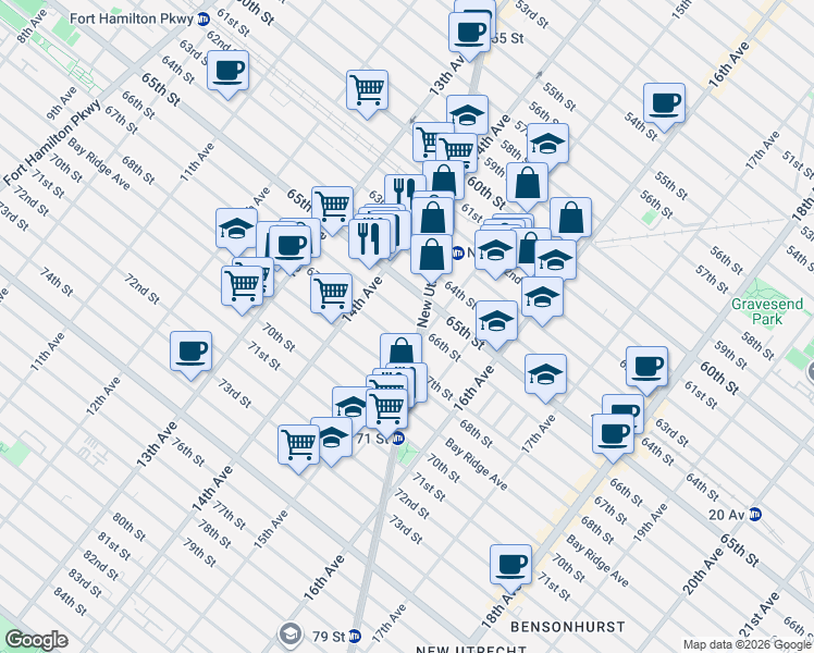 map of restaurants, bars, coffee shops, grocery stores, and more near 6526 New Utrecht Avenue in Brooklyn