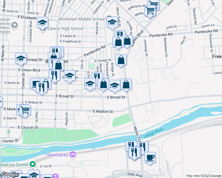 map of restaurants, bars, coffee shops, grocery stores, and more near 649 East North Street in Bethlehem