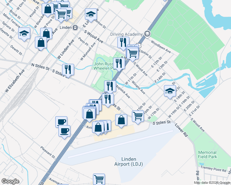 map of restaurants, bars, coffee shops, grocery stores, and more near 410 Gable Lane in Linden