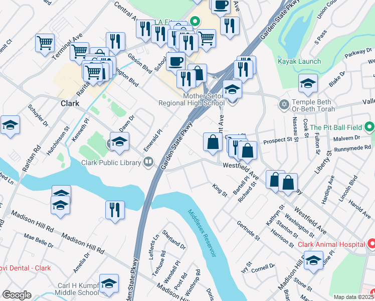 map of restaurants, bars, coffee shops, grocery stores, and more near 35 Denman Avenue in Clark