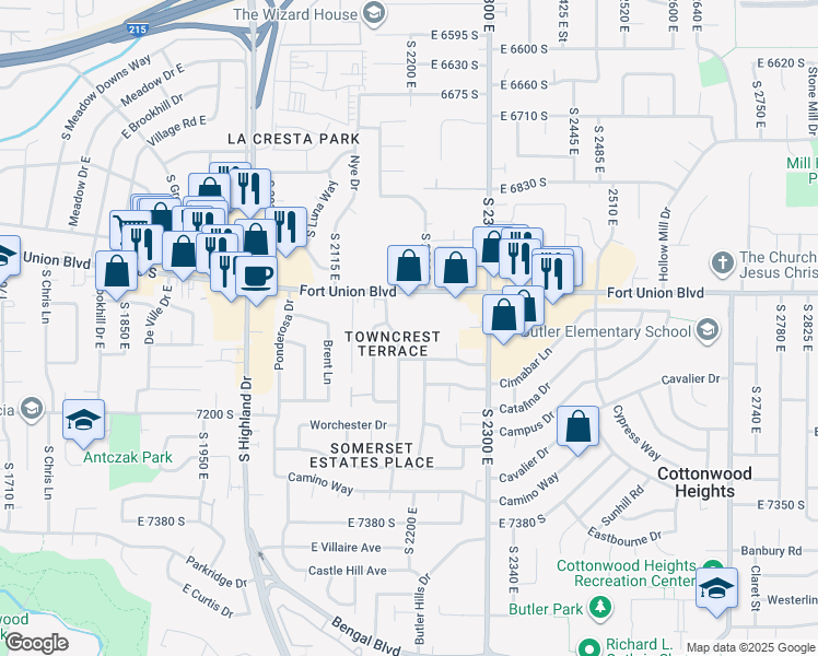 map of restaurants, bars, coffee shops, grocery stores, and more near 2203 East 7075 South in Cottonwood Heights