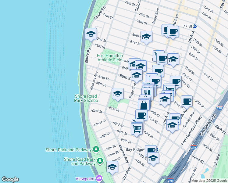 map of restaurants, bars, coffee shops, grocery stores, and more near 8811 Colonial Road in Brooklyn